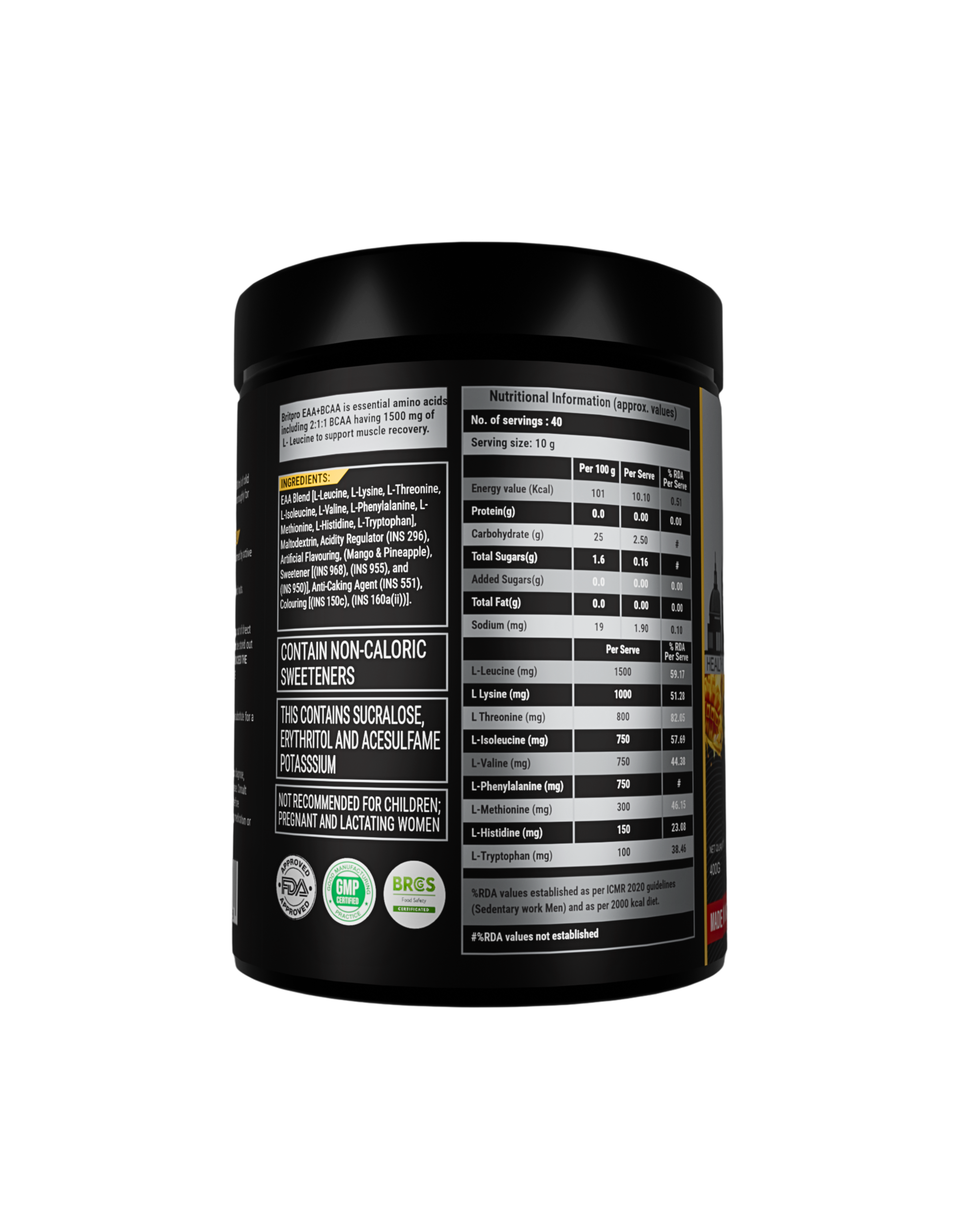 BRITPRO London EAA + BCAA Essential Aminos | 2:1:1 BCAA Ratio | 400GM